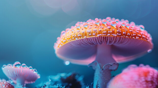 Gradient color natural mushroom macro shot with blur background.