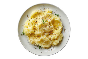 White plate of boil potato mashed isolated on transparent background