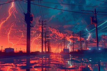 Wall Mural - A vibrant and dynamic illustration depicting the flow of electricity through power lines, showcasing energy and technology concepts