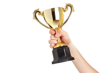 a hand holding a golden trophy cup with ornate handles and a black base, symbolizing victory or succ