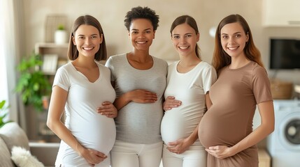 A diverse group of four pregnant women stand together indoors, smiling happily while embracing their bellies. The women are all wearing casual clothing and have their hair tied up