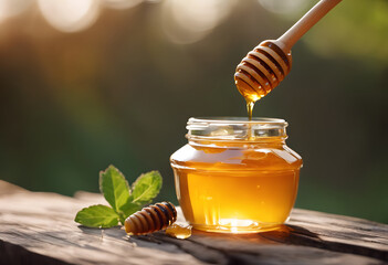 Wall Mural - A jar of golden honey with a honey dipper dripping honey into the jar, placed on a wooden surface with a green leaf beside it. The background is softly blurred. National Honey Month.