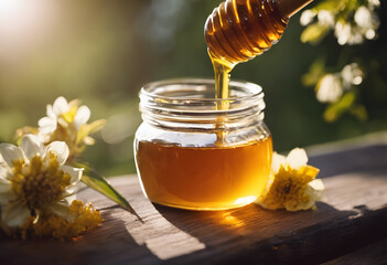 Wall Mural - A jar of honey with a honey dipper dripping honey into it, placed on a wooden surface outdoors with flowers and greenery in the background. National Honey Month.