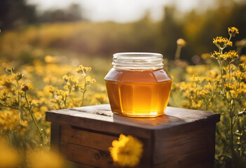 Wall Mural - A jar of honey placed on a wooden surface in a field of yellow flowers, with sunlight illuminating the scene. National Honey Month.