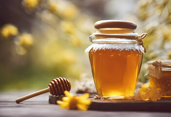 Wall Mural - A jar of golden honey with a wooden dipper on a wooden table, surrounded by yellow flowers and honeycomb pieces. The background is blurred, creating a bokeh effect. National Honey Month.