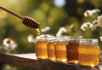 Wall Mural - A row of glass jars filled with golden honey placed on a wooden surface outdoors. A honey dipper drips honey into one of the jars. The background is blurred. National Honey Month.