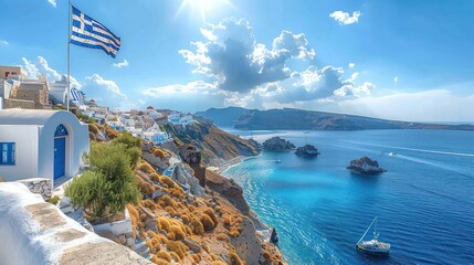 The flag of Greece over a stunning coastal village scene.