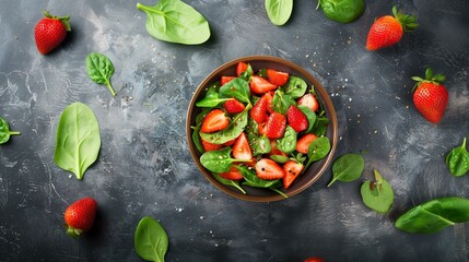 Fresh strawberries baby spinach salad with cracked black pepper on rustic table, healthy food vegan