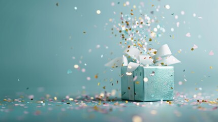 A turquoise gift box with white ribbon opens to release colorful confetti against a soft blue background, celebrating a festive occasion.
