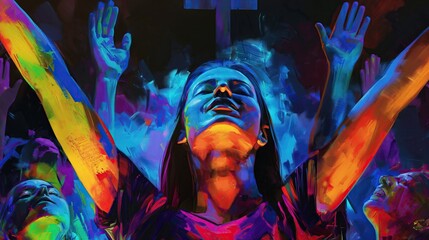 Wall Mural - oil paint abstract illustration of christian woman worship with hands raised on black background. cultural diversity concept