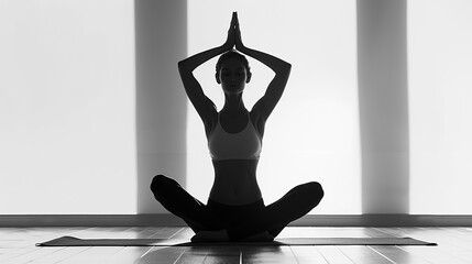 a silhouette image of a woman practicing yoga position in white background and empty copy space    