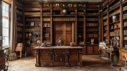 antique study room with classic wood paneling, a grand desk, and shelves filled with vintage books and artifacts