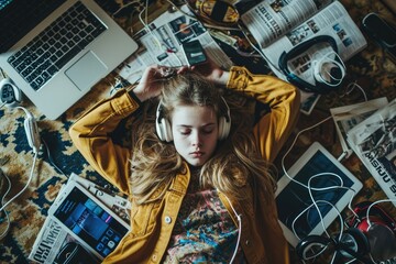 Wall Mural - The top view of picture that about young scandinavian human that laying down and listening to the music and focused in the full of the thought and music with room that surrounded with devices. AIGX03.
