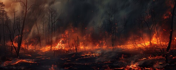 Dramatic scene of a raging forest fire with intense flames and thick smoke, illustrating the destructive power of wildfire in a natural environment.