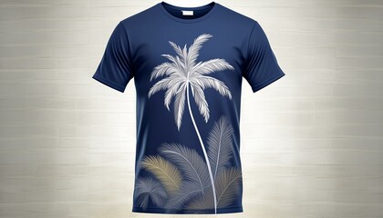 Design a navy blue V-neck T-shirt with a white palm tree design, transparent background, PNG format
