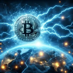 Wall Mural - digital lightning network of the bitcoin blockchain technology and it fast transaction per second also for price explosion and popularity as wide background with copyspace.