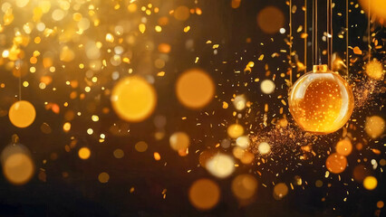 Poster - abstract golden bokeh with flying dots circles energy particles and light rays background