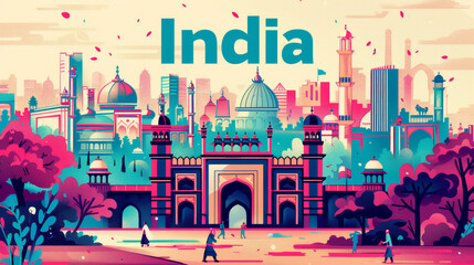 Sticker - Indian architecture, cityscape in the daylight, in the style of graphic design-inspired illustrations, travel poster
