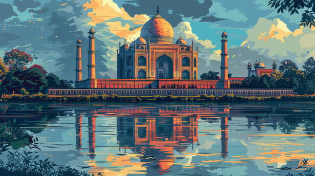 Indian architecture, cityscape in the daylight, in the style of graphic design-inspired illustrations, travel poster