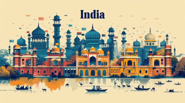 Indian architecture, cityscape in the daylight, in the style of graphic design-inspired illustrations, travel poster