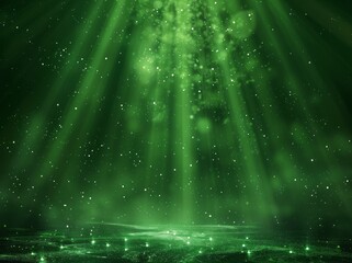 a green background with light beams and particles, glowing on the bottom of the screen