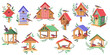 © ApoevArt - Birdhouses and birdfeeders with leaves 2D cartoon objects set. Cute craft houses for birds flat line vector elements white background