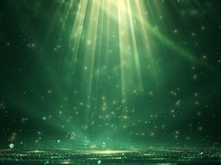 A green background with light beams and particles, glowing on the bottom of the screen