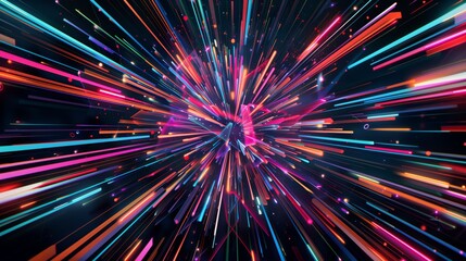 Poster - Futuristic graphic with colorful lines and shapes radiating energetically from a central point.