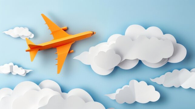Design paper art and handicraft of an airplane over a cloud
