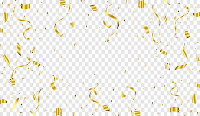 Wall Mural - Abstract background party celebration gold confetti. Falling shiny golden confetti isolated on transparent background. Christmas, New Year, Carnival festivity, Valentine’s Day, Birthday, Holiday.