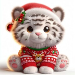 Cute fluffy Tiger Teddy bear in a christmas sweater on a white background