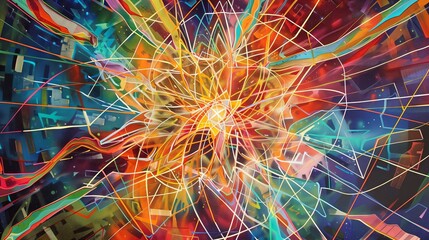 Poster - High-energy abstract art with vibrant lines and geometric forms radiating dynamically, captivating the viewer.