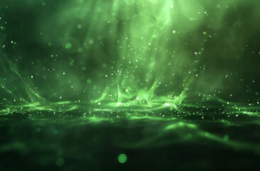 Wall Mural - a green glowing light background with particles and dust floating in the air