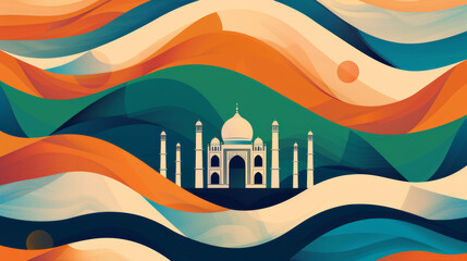 Wall Mural - old-fashioned vintage poster of Indian architecture, Taj Mahal and national flag, collage art illustration design, for travel and Indian elections
