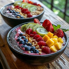 vibrant smoothie bowls topped with fresh fruits and nuts in morning light