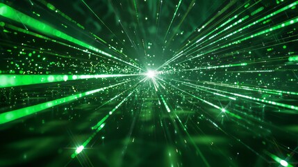 A green laser beam is flying towards the camera, with many lines of light coming out