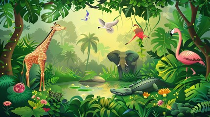 A depiction of wild African animals in their natural habitat: a jungle with a pond, lush foliage, and trees. Among the vegetation, you'll find giraffes, parrots, flamingos, elephants, and crocodiles. 
