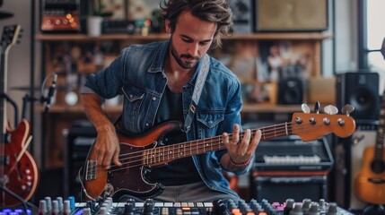 a man playing a guitar in a room with a lot of musical instruments