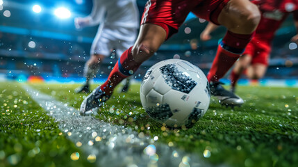 Close-up of a soccer player kicking a ball on a wet field during a match, with water droplets sparkling under stadium lights.
