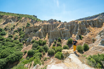 Sticker - Sceniv views of Kuladokya, which are natural formations were formed by the effects of rain water, temperature changes, wind and erosion in Kula, Manisa 