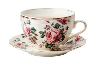 Elegant vintage porcelain teacup with floral design sitting on a matching saucer, perfect for tea parties or collectible display.