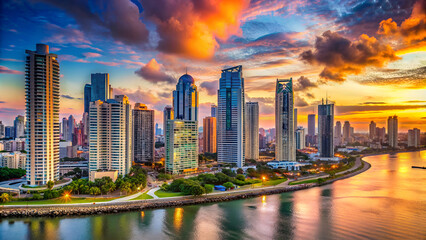 the colorful panoramic skyline of panama city at sunset with high rise skyscrapers, panama, central 