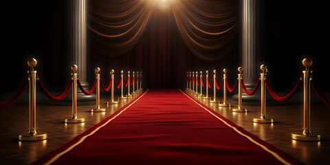 Wall Mural - 3D Red carpet with ropes isolated on dark background