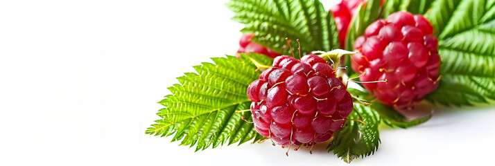 Canvas Print - Raspberry with green leaves macro isolated Raspberry on white background closeup. Creative banner. Copyspace image