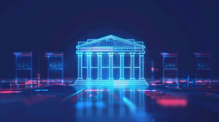 Digital illustration of a glowing virtual bank building in neon blue and red lights, representing modern financial technology and innovation.