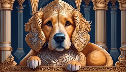 Wall Mural - An artistic exploration of the portrait’s symbolism, such as the dog representing loyalty and the bedpost carvings.
