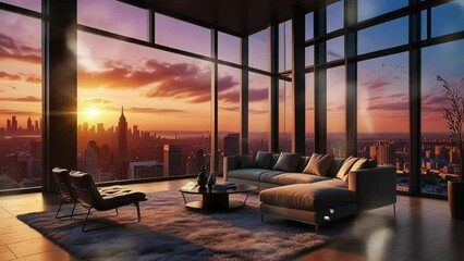 Modern living room interior with a panoramic view of the beauty of the majestic city in the afternoon, smooth 4K looping virtual video animation background