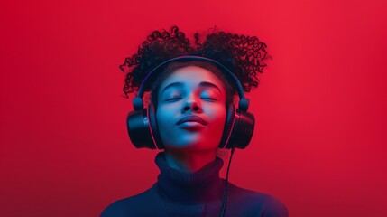 a girl with curly hair enjoying peaceful music with eyes closed from big black headphones ,solid red
