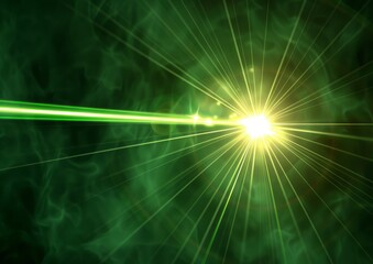 Wall Mural - a green laser beam shines in the center of an abstract background, with rays spreading outwards from
