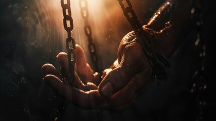 Wall Mural - Close-up of a hand breaking free from chains, with links breaking away, and a soft light illuminating the scene